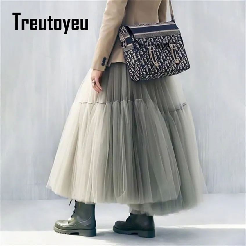 Treutoyeu Vintage Gothic Zwart Wit Geplooide Lange Tule Rok Tutu Femme Hoge Taille Runway Zachte Mesh Rokken Jupe 220224