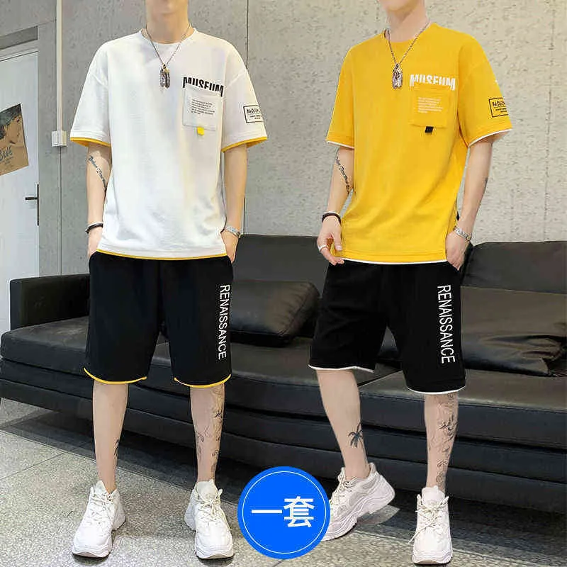 2cc / 1セットメンズカジュアルTシャツ+ショートパンツスーツ夏の半袖韓国のショーツスポーツ服2個セットG1222