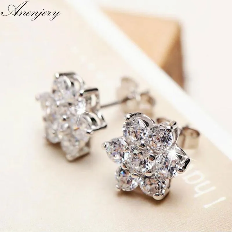 Stud Anenjery 925 Sterling Silver Zircon Snowflake Flower Earrings For Women Brincos Gift Boucle D'oreille Oorbellen S-E071