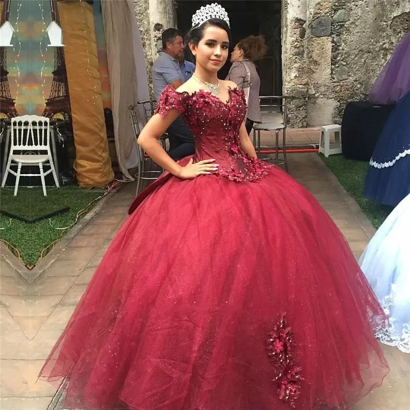 Glitter rojo oscuro vestidos de quinceañera elegante fuera del hombro  encaje con cuentas vestido de fiesta vestido de fiesta corsé con cordones  dulce