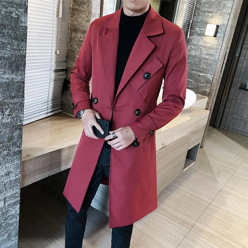 Mens Trench Coats Medium Long Men Luxury Double Breasted Solid