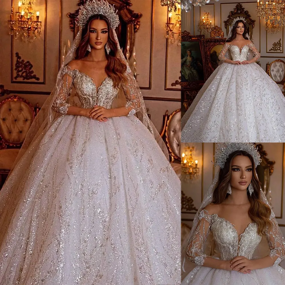 Saoedi-Arabië Prinses Baljurk Trouwjurk Sheer Off Schouder Lange Mouw Luxe Kant Pailletten Applicaties Bruidsjurken Crystal Bruid Roaden De Mariée