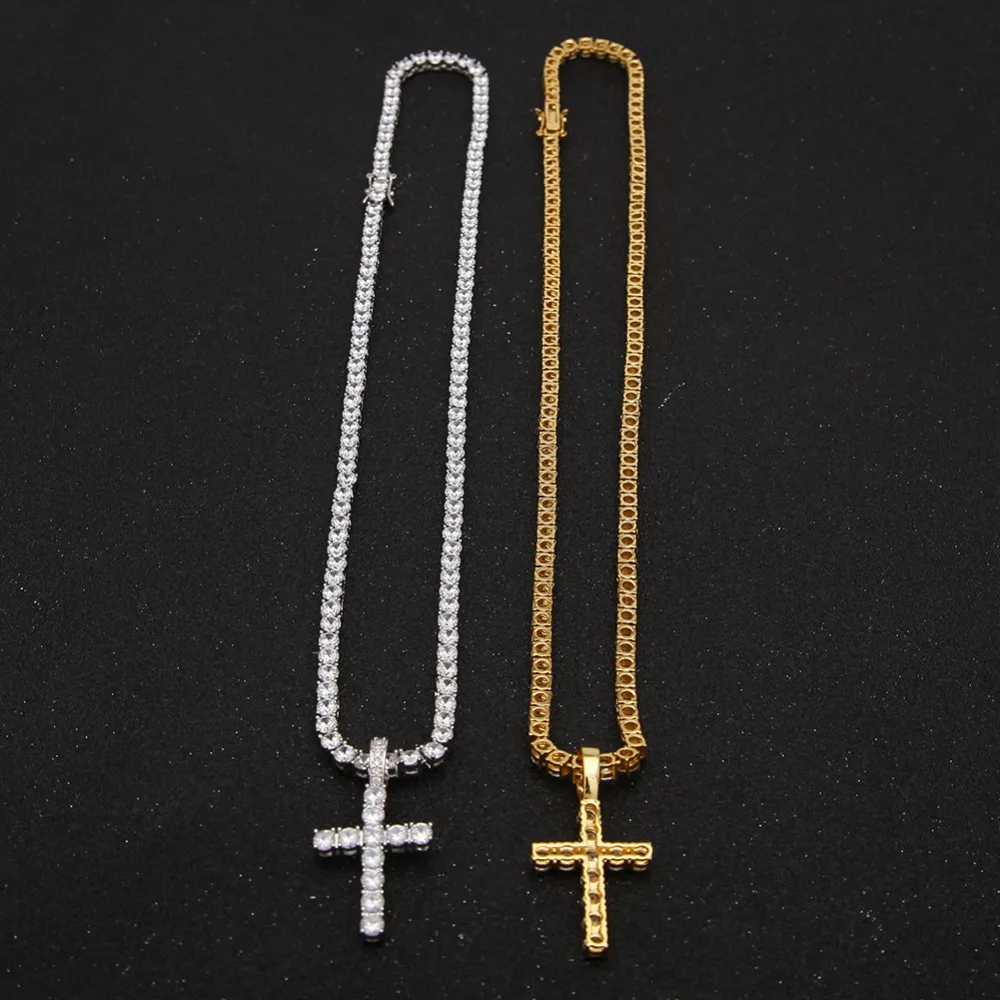 Iced Out Zircon Cross Pendant With 4mm Tennis Chain Necklace Set Men`s Hip hop Jewelry Gold Silver CZ Pendant Necklace