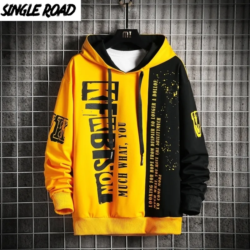 SingleRoad Mens Hoodies Men Autumn Yellow Patchwork Oversized