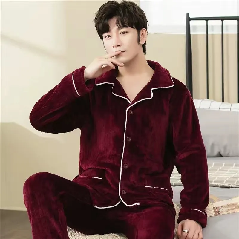 Winter Thick Mens Coral Fleece Pajamas Set Flannel Warm Soft