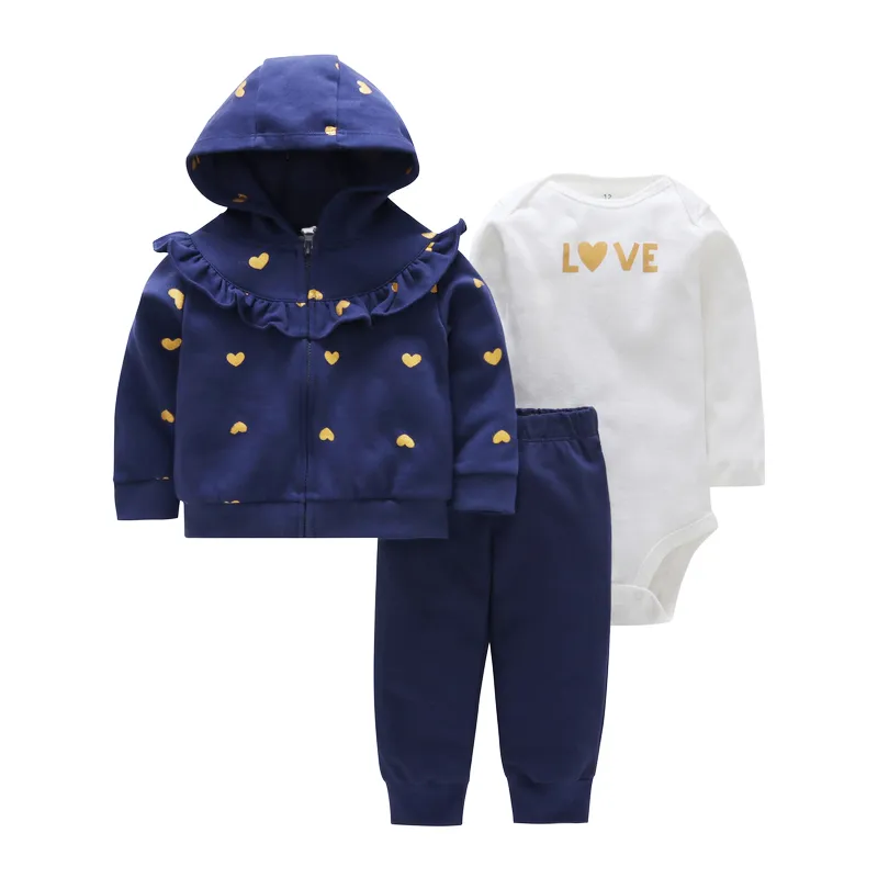 autumn baby girl clothes heart print coat&jacket+letter romper+pants 3PCS clothing set for 6-24M bebes baby boy girl outfits