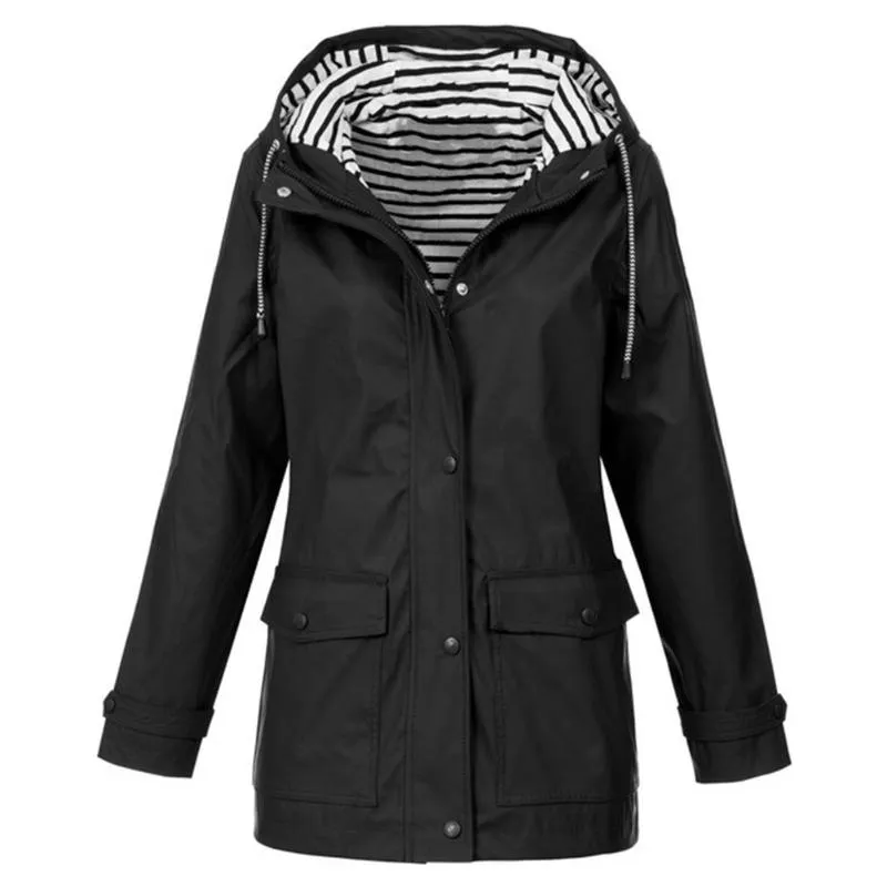 Womens Striped Hooded Windproof Raincoat in Black Cotton from