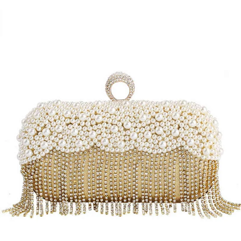 NXY Evening Bags Women Beaded Pearl Day Clutch Wedding Tassel Diamond Luxury Designer Handväska Guld Silver Party Banket Sac X553H 220129