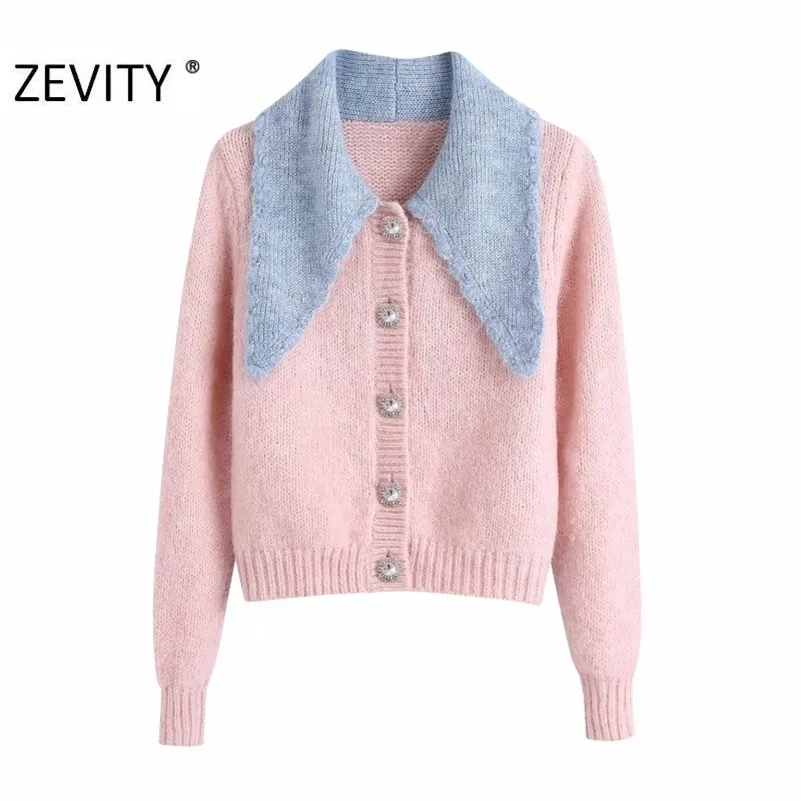 Zevity New Womenファッションの色のマッチングブルーカラーパッチワークピンクの編み物セーターフェムメシックダイヤモンドボタンカーディガントップスS430 201023