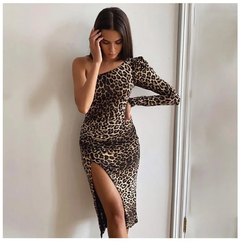 Women Leopard Print Sexy Dress Slash Neck Puff Sleeve Side Split Knee-Length Dress 2021 Fall Slim Fashion Streetwear
