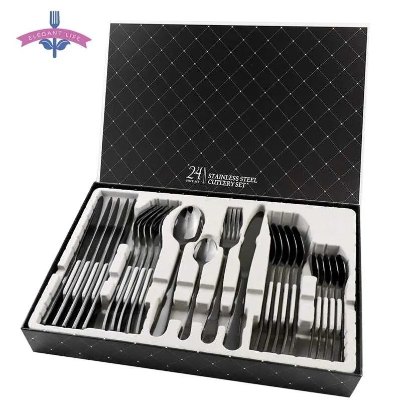 24PCS Black Gold Dinnerware Set Stainless Steel Flatware s Tableware Cutlery Party Candlelight Dinner Wood Gift Box 211229