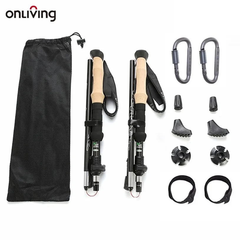 ONLIVING 2Pcs Trekking Poles Ultralight Carbon Fiber Folding Randonnée Nordic Walking Stick Quick Flip-Lock Béquilles Télescopiques 220104