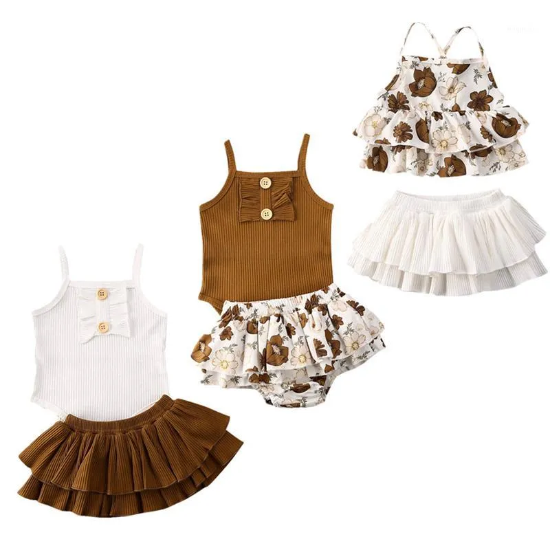 3 Estilo Infantil Bebé Roupas Conjuntos Sleeveless Sling Tops Romper + Floral Impressão Tutu Skirt Outfit Sunsuit Baby Girls Summer Sets1