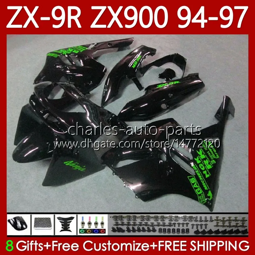 Kit de carrocería para KAWASAKI NINJA ZX-9R ZX900 ZX 9R 9 R 900 CC 1994-1997 Bodys 100No.63 ZX9 R 900CC ZX-900 ZX9R 94 95 96 97 ZX900C 1994 1995 1996 1997 OEM Carenado negro verde