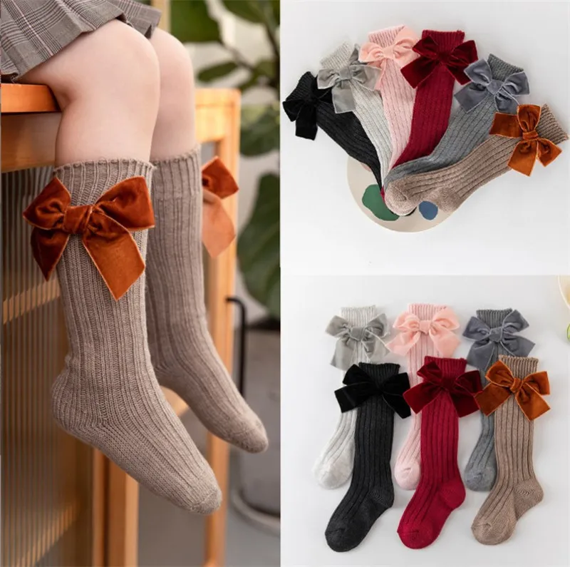 Kids Velvet Bow Socks Spanish Autumn and Winter Solid Color Knitted baby girls boys children Medium Tube Socks