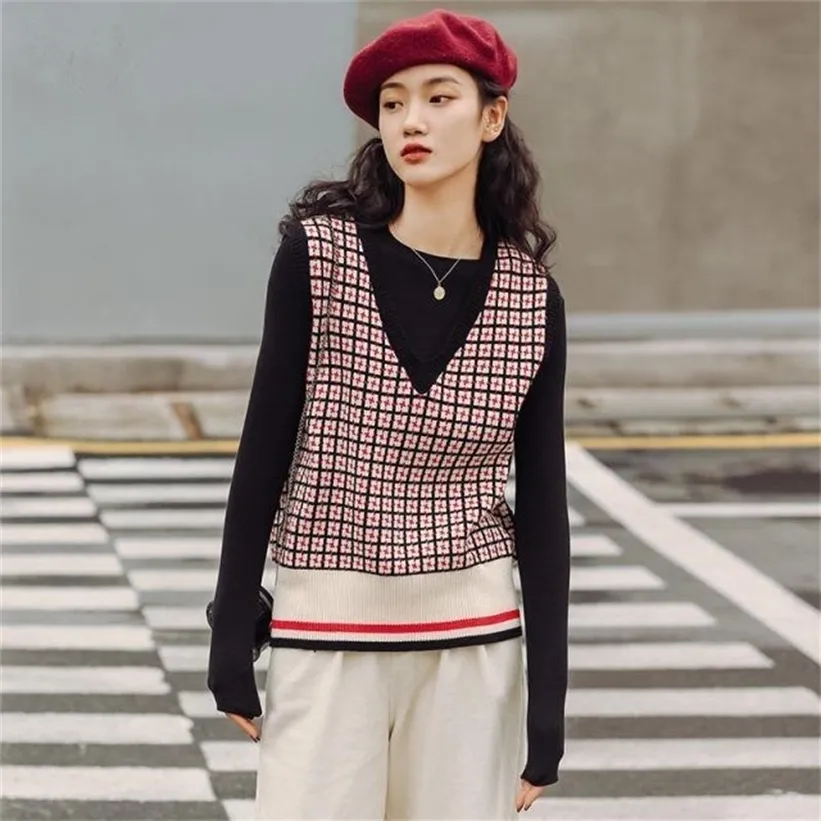 Femmes sans manches pull hiver style coréen vintage géométrique plaid col en V pull en laine douce gilet tricoté gilet T516 201223