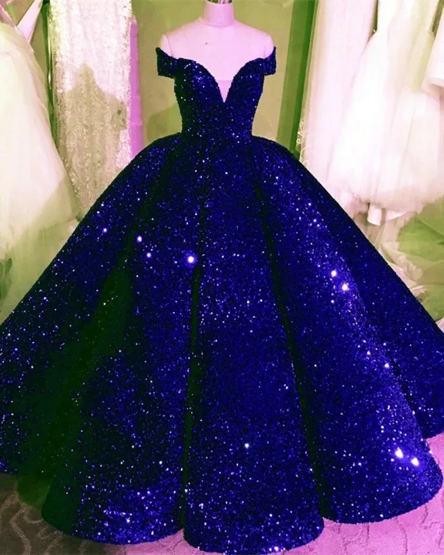 Royal Blue Sequined Ball Gown Quinceanera Klänningar Sexig V Neck Glitter Sequins Prom Dress Puffy Tulle Party Vestidos de Quinceañera