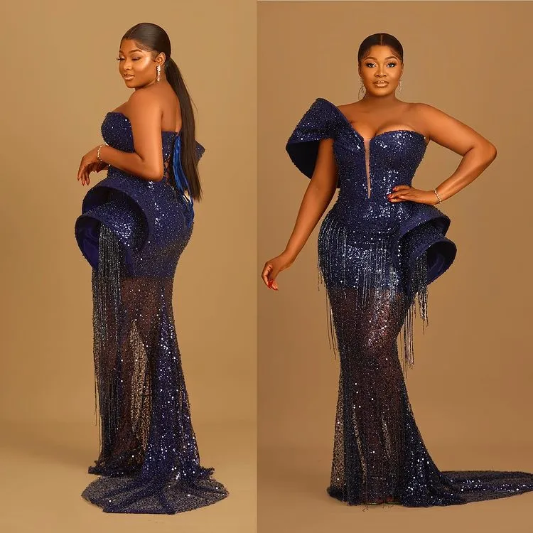 2022 Plus Size Arabo Aso Ebi Navy Blue Mermaid Prom Dresses Eleganti paillettes in pizzo da sera Festa formale Secondo ricevimento Compleanno Abiti da fidanzamento ZJ223