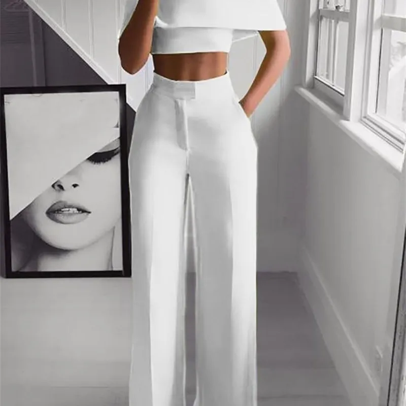 Wide Leg Trouser Suit Elegant White Two Piece Suit Womens Set