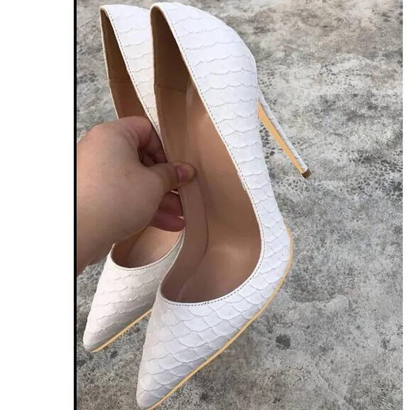 New style White Snake-skin High-heeled Women Stiletto Heel Pointed toe shoes 8cm 12cm 10cm large size 45 Bride Wedding Dress Pumps Shoe