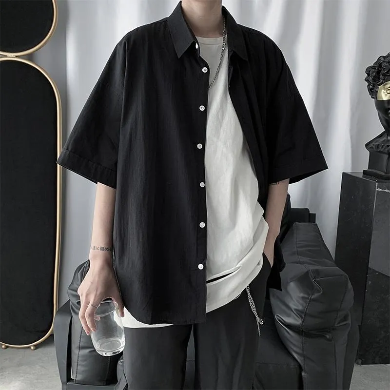 Men Button Up T Shirt Summer Cargo Work Tshirt Short Sleeve Korean Style Harajuku Clothes Male Black White Loose Casual Top