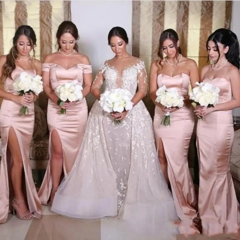 2021 Elegant Long Bridesmaids Dresses Pink Sweetheart Backless Mermaid Satin Maid of Honor Gowns Wedding Guest Dresse With Side Split AL7719