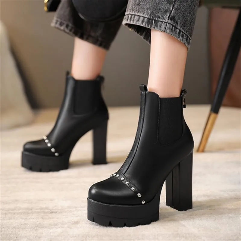 Hot Sale-mulheres Plataforma Chunky Heeled Bootie mulheres sapatos outono inverno tornozelo botas moda redonda dedo do pé lace-up salto alto sexy senhoras sapatos