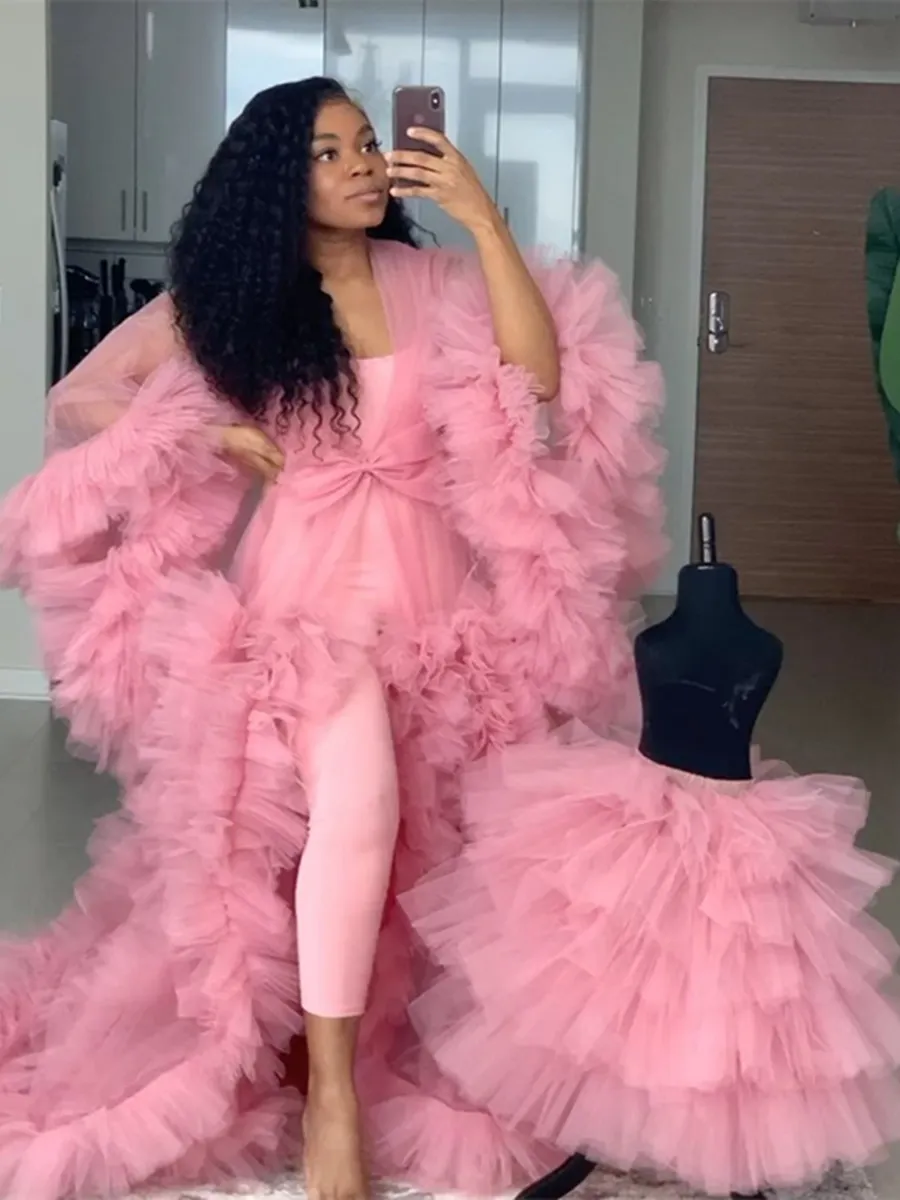 2021 Emerald Pink Maternity Tiered Evening Gown With Long Sleeves