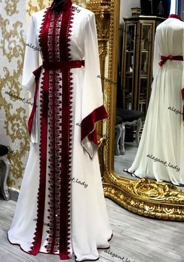 Bianco Borgogna Musulmano Kfatan Abiti Da Sera Formale 2021 Applique In Pizzo Caftano Marocchino Caftano Dubai Abaya Abito Da Ballo Arabo