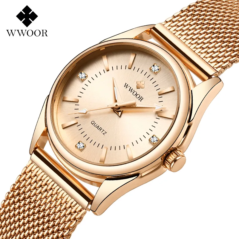 Wwoor Luxury Diamond Woman Watch Kvinnor Rose Guld Små Armband Armbands Klockor Gåvor För Kvinnor Quartz Clock Relogio Feminino 201114