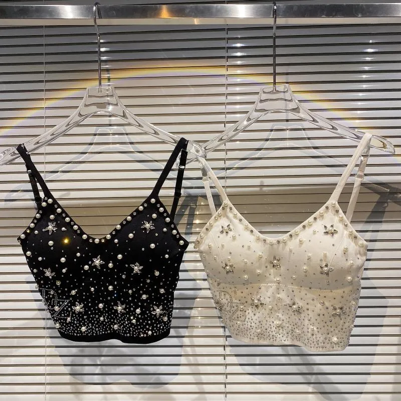 Sexy Spaghettiträger für Damen, mit Perlen verziert, Strass-Sternmuster, gepolstert, kurzes Bustier, Crop-Top, Tank-Weste, Ccamisole