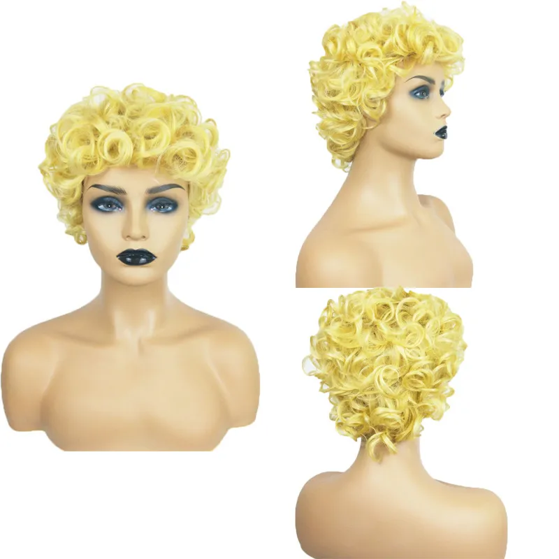 カーリーブロンド合成かつらシミュレーション人毛ウィッグ黒と白の女性のためのヘアピースブルゴーニュ Pelucas K45