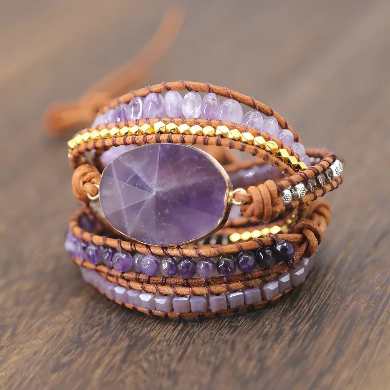 Drop shipping Natural Stones Crystal Quartz Charm 5 Strands Wrap Bracelets Handmade Boho Bracelet Women Leather Bracelet F1201