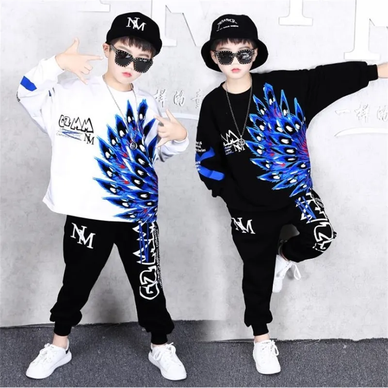 2 Pcs Enfants Automne Vêtements Ensemble Grands Garçons Filles Paon Hoodies Haren Pantalon Coton Danse vetement garcon 6 8 10 12 13 14 Ans 201127