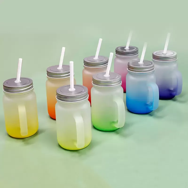 Bocal en verre de sublimation de 430 ml avec poignée gobelets en verre dégradé bouteille d'eau à transfert thermique tasses sublimées colorées CG001