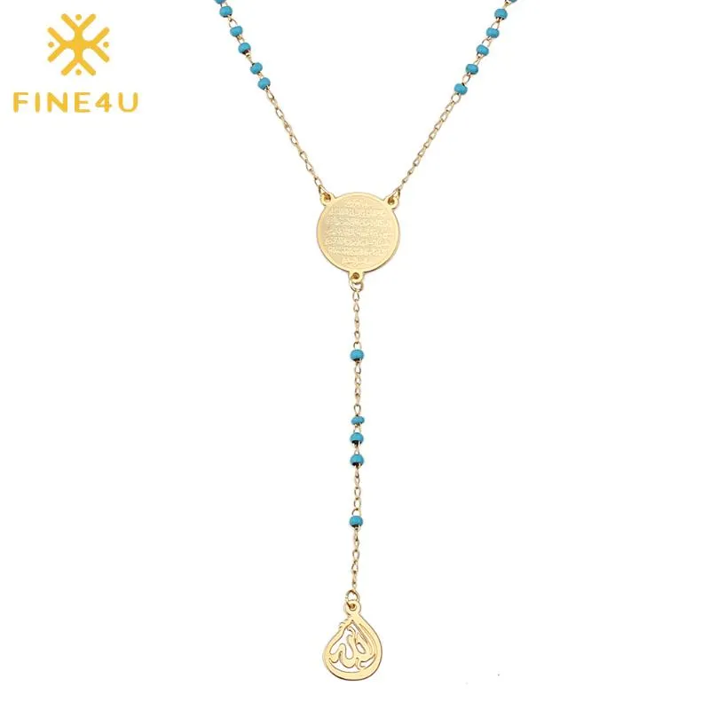 FINE4U N314 Stainless Steel Muslim Arabic Printed Pendant Necklace Blue Color Beads Rosary Necklace Long Chain Jewelry