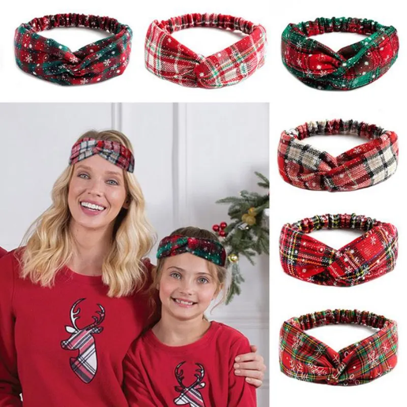 Fascia natalizia Famiglia Corrispondenza Madre Figlia Fasce incrociate Fiocco di neve Plaid Donna Bambini Fascia per capelli Accessori per capelli moda DW6212