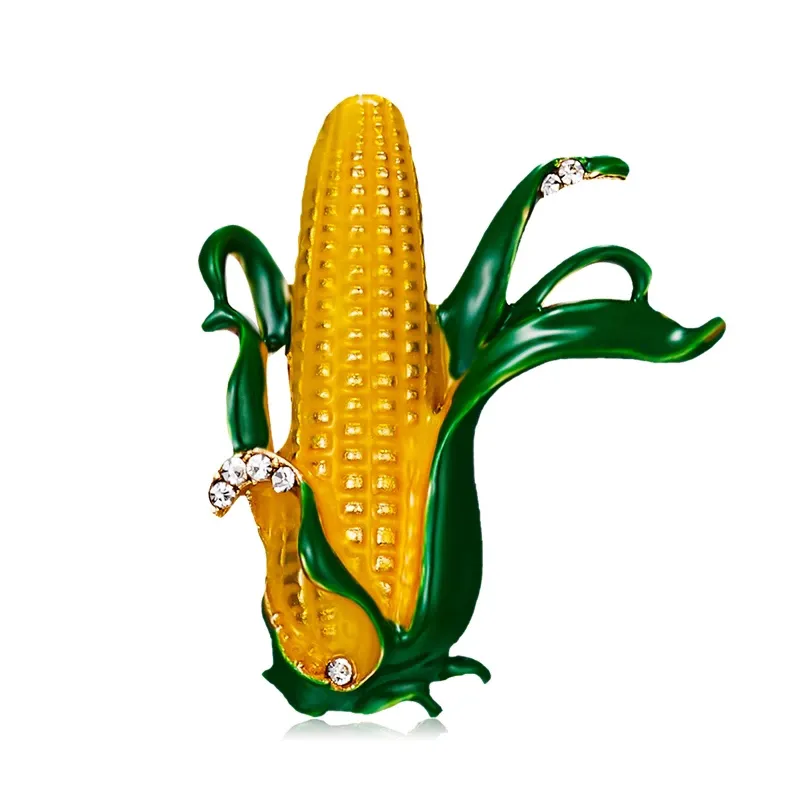 Yellow Corn Maize Brooch With Green Leaves Farmer Plant Design