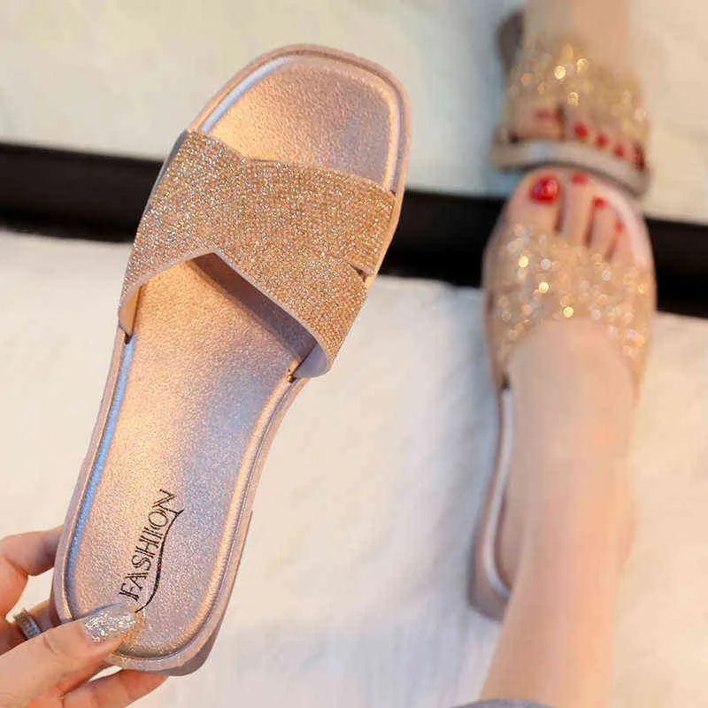 2022 Rhinestone Sequins Tofflor Kvinnor Mode Flat Skor Tjejer Korsa Toe Flip Flops Utomhus Sommar Slides Sandaler Silver Y220221