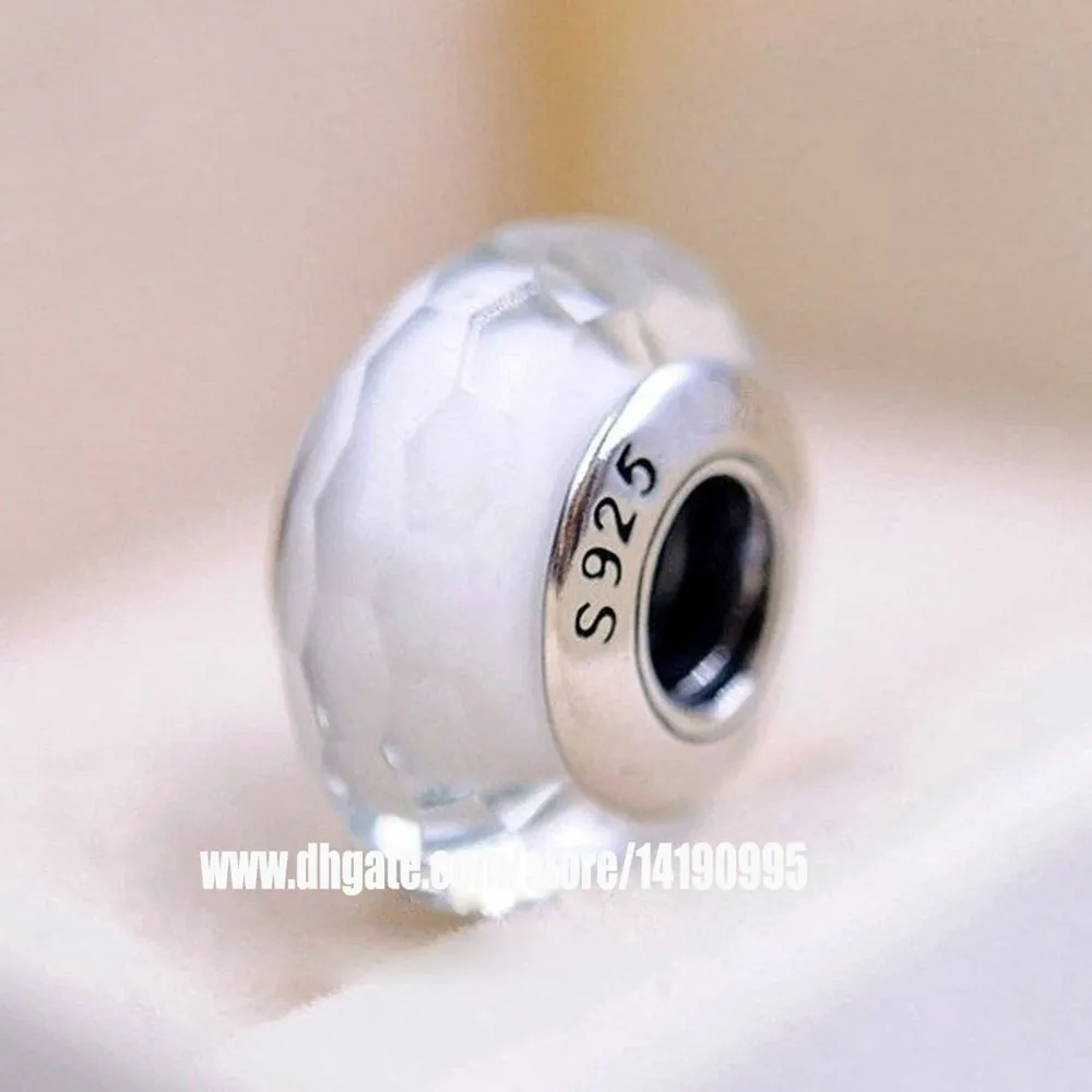 2 pezzi in argento sterling 925 bianco affascinante sfaccettato perline in vetro di Murano adatto per gioielli stile Pandora collana di bracciali con ciondoli