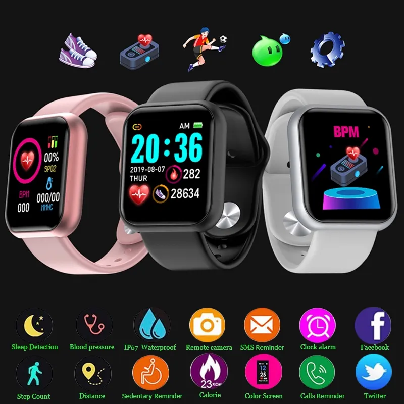 Y68 D20 SmartWatch Fitness Armband Bloeddruk Hartslagmeter Stappenteller Cardio Armband Mannen Vrouwen Smart Watch voor IOS Android #012