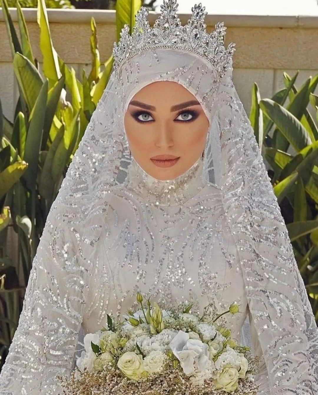 Long Sleeve Muslim Wedding Dresses for Bride High Neck Arabic Dubai Hijab  Tulle | eBay