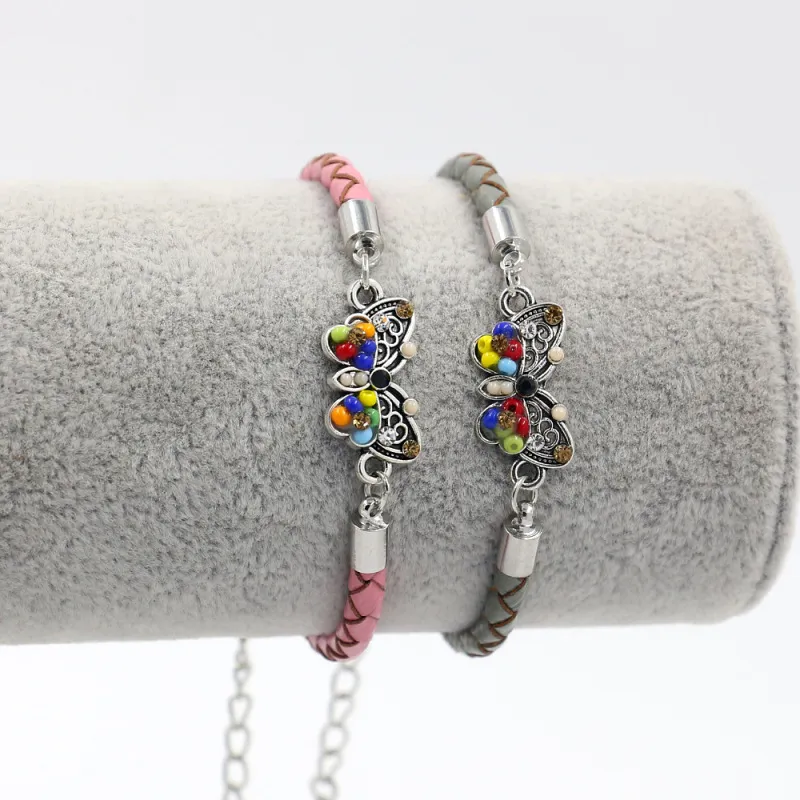 S2711 Boehmian Fashion Jewelry Colorful Butterfly Pendant Braided Leather Rope Bracelet