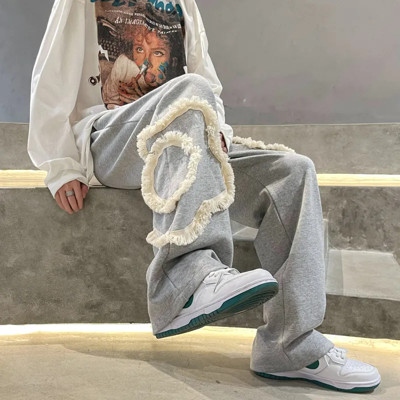 Chic Flower Patchwork Casual Pants Korean Streetwear Spring Wide-Ben Pants Män Kvinnor Fashion Drawstring Mopping Sweatpants