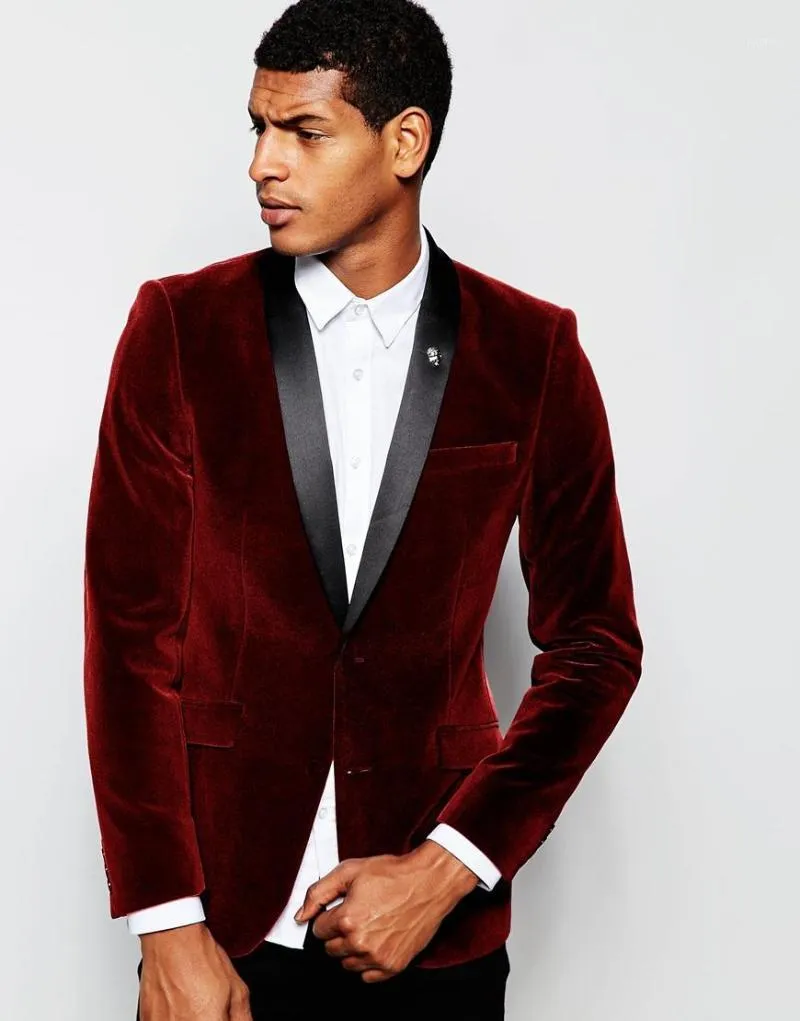 Mäns kostymer blazers grossist-2021 Bourgogne Velvet Jacket Slim Fit Mens Custom Made Sjal Lapel Groom Tuxedos Bröllops Black Byxor (Jacka