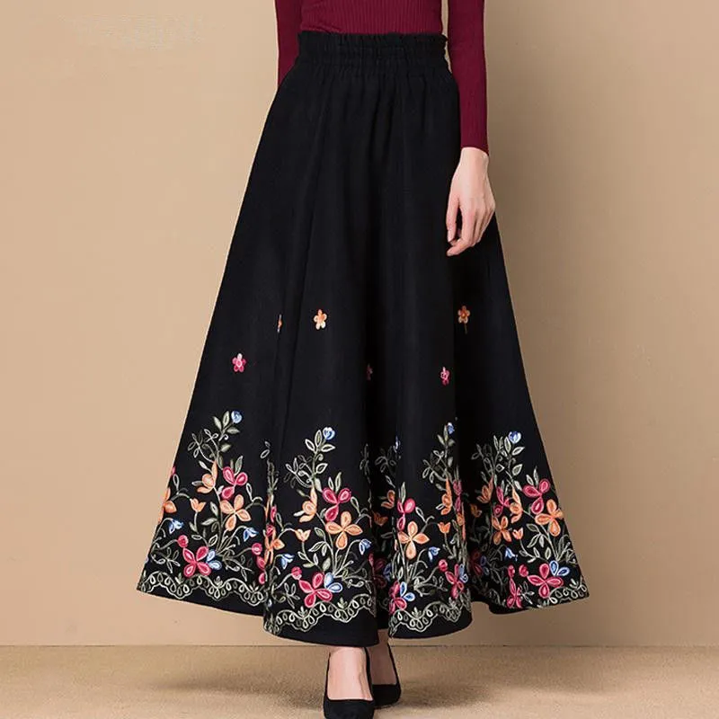 Czarny fliblower haftowany wełniany maxi spódnica kobiety eleganckie wysoką talię swobodne spódnice mama moda spódnica plus size