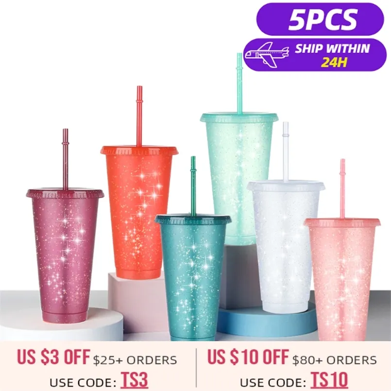 5pcs 플래시 파우더 물 병 빨 대 재사용 가능한 하드 플라스틱 텀블러 뚜껑 커피 컵 Drinkware 크리스마스 선물 220309