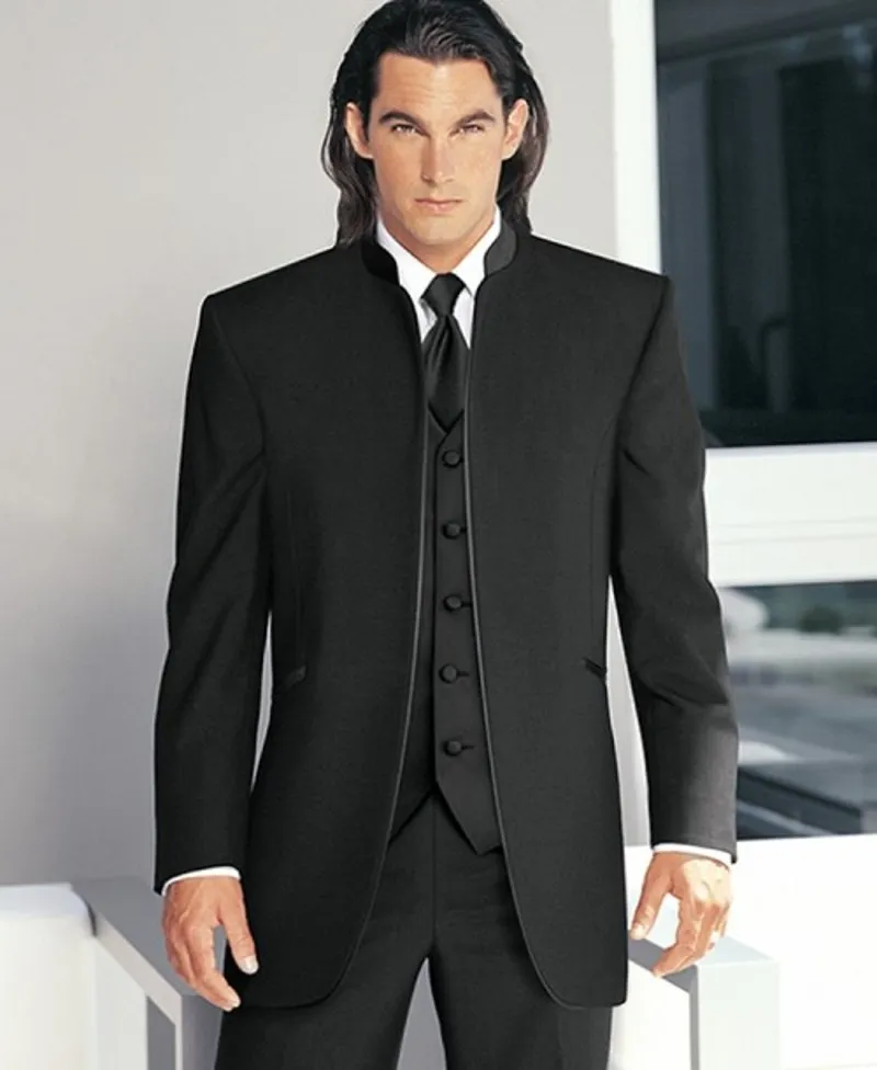 Standing Collar Handsome Groom Tuxedos Men Prom Party Business Suit Man Work Suit Set (Jacket+Pants+Vest+Tie) NO:903