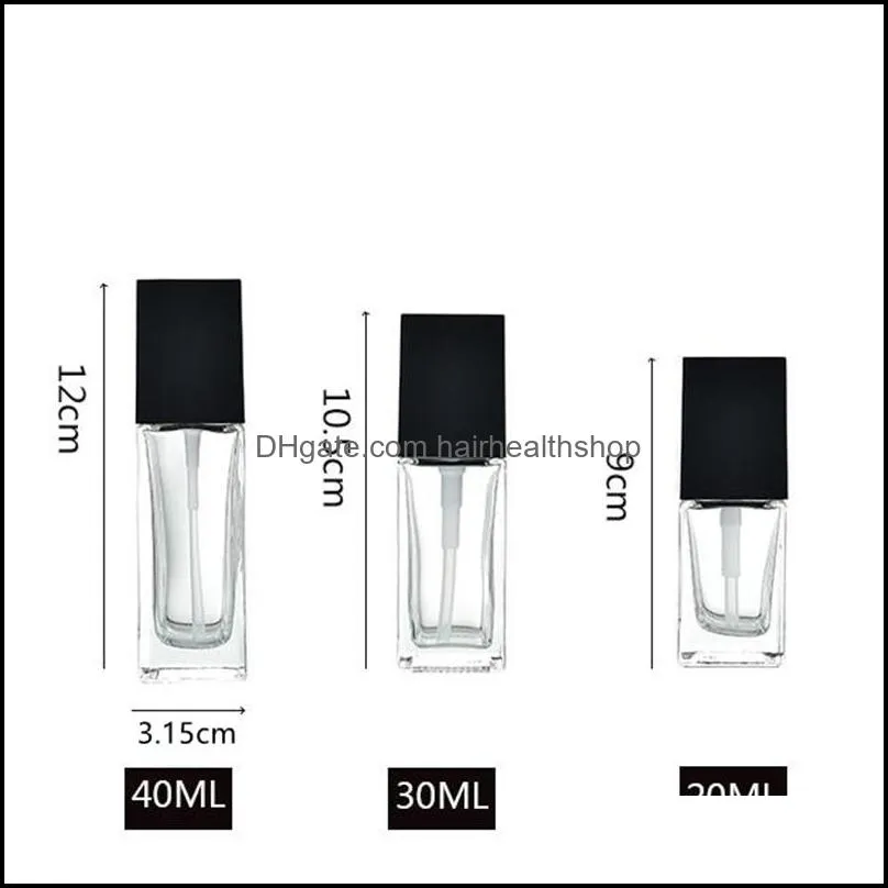 20ml 30ml 40ml Clear Frosted Square Glass Bottle with Black Pump for Lotion Essential Oli Facial Water Liquid F1976