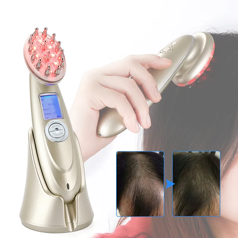 Peigne de croissance des cheveux au laser électrique Peigne de thérapie anti-perte de cheveux Infrarouge RF EMS Nano LED Red Light Vibration Massage Brosse de soin des cheveux